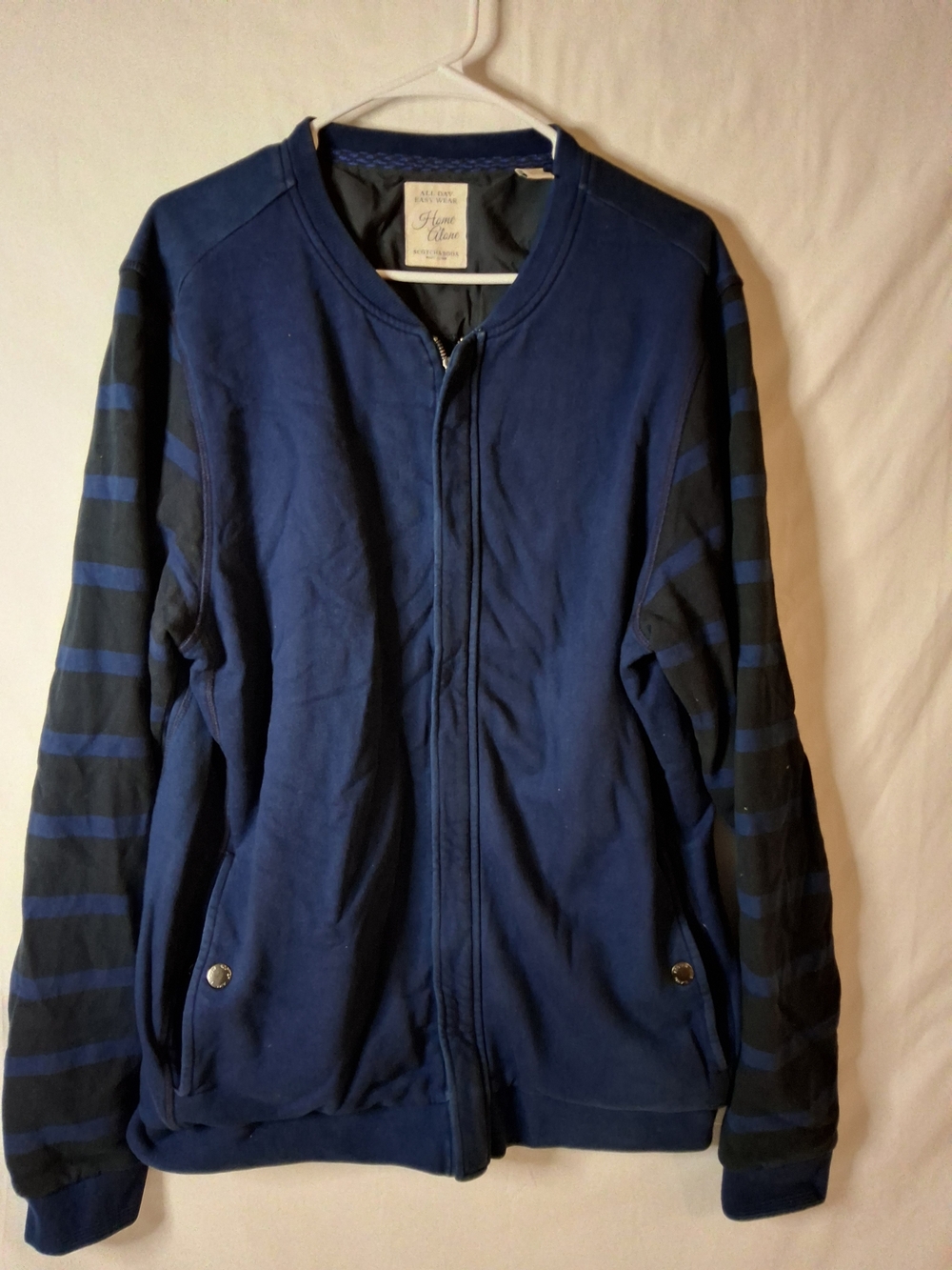 Scotch & Soda Navy Blue Bomber Jacket with Black Striped Sleeves
